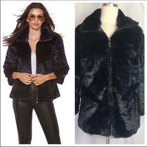 Carmin Faux Fur Coat Jacket L Navy 3/4 Sleeves